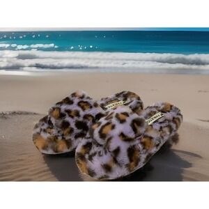 Fabletics Womens Faux Fur Slide Slippers Leopard Size 7 Fuzzy Brown Purple Embro